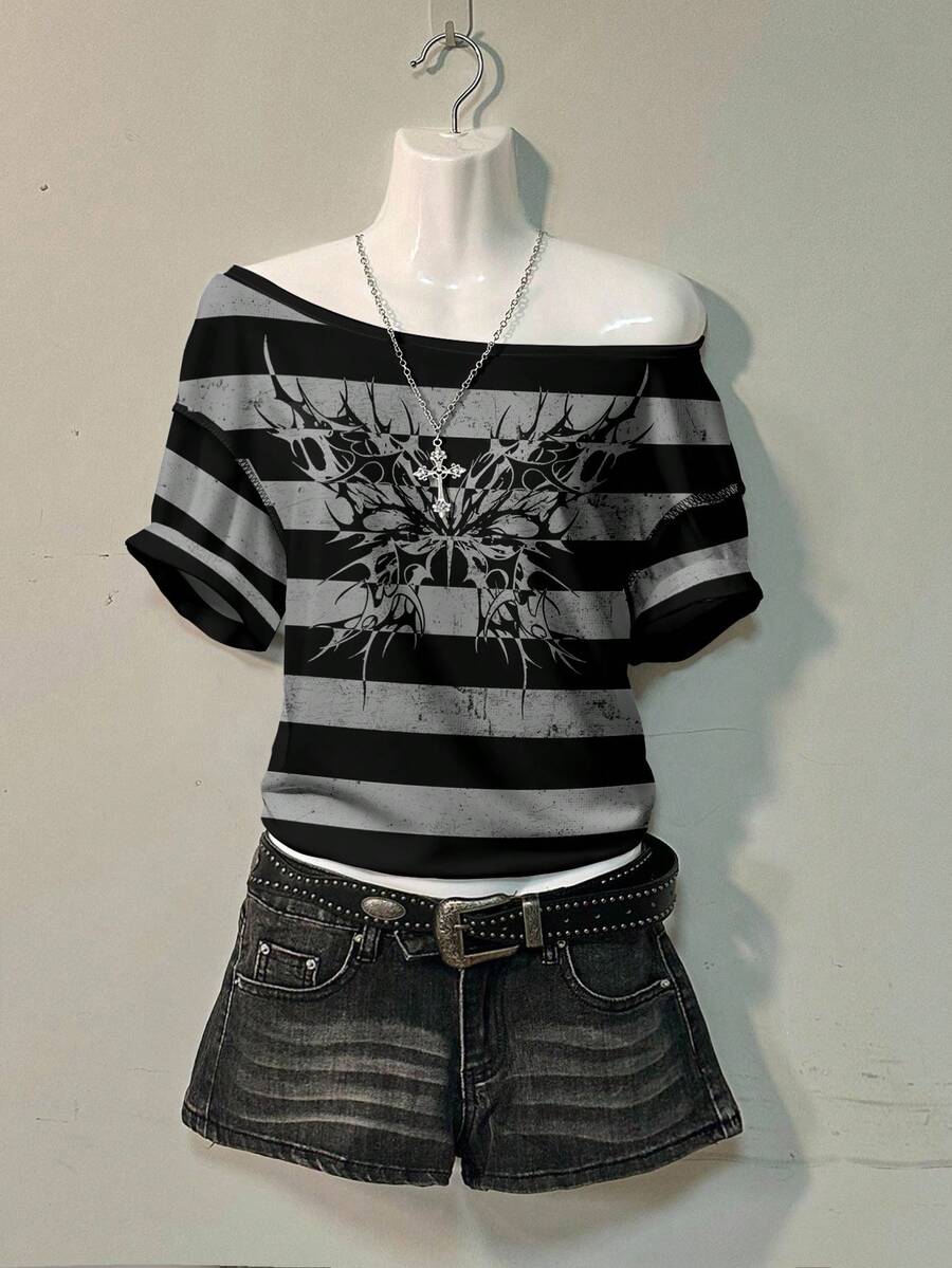 Attitoon Áo thun hở vai tay ngắn họa tiết bướm sọc đen xám phong cách Punk Goth cho nữ, mùa xuân/thu/đông - Nhiều màu - Xem 1