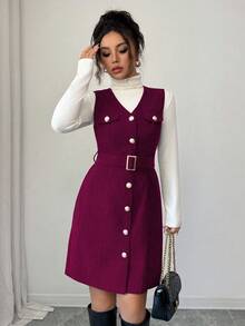 Elenzga Women's Elegant Vintage Corduroy V-Neck Metal Button Decor Sleeveless Textured Mini Dress