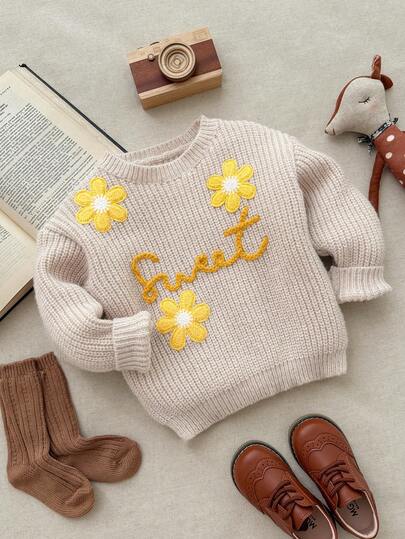 Blossori Suéter de niña con estampado elegante francés de letras y flores