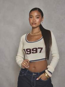 MUSERA Long Sleeve Scoop Neck Graphic Knit Sweater Cool Girl, Streetstyle, Everyday, , Winter, Y2K, 1997 Evening Party Elegant - Multicolor - View 2
