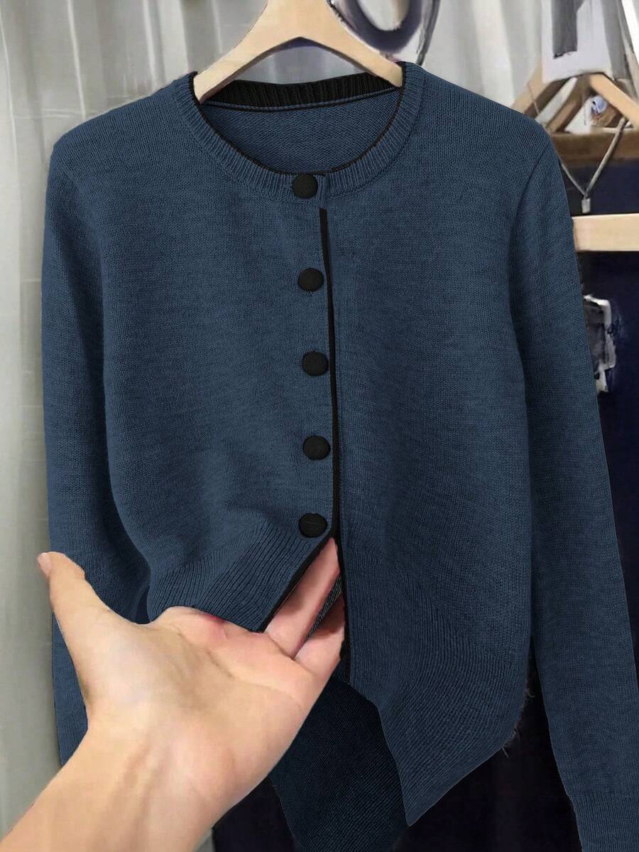 Franclia 博主风拼色宽松圆领毛衣外套，欧美新款 - 藏蓝色 - 查看 1