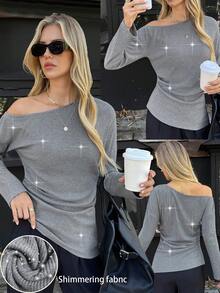 Elyressa Camiseta de mujer de manga larga con cuello oblicuo y hilo metálico de estilo francés elegante - Gris Oscuro - Ver 1