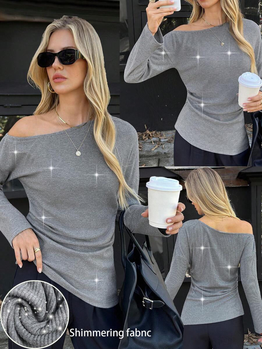 Elyressa Camiseta de mujer de manga larga con cuello oblicuo y hilo metálico de estilo francés elegante - Gris Oscuro - Ver 1