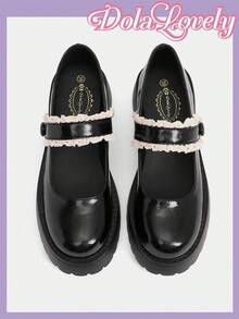 女士经典可爱玛丽珍鞋，蕾丝装饰，厚底 - 黑色 - 查看 5