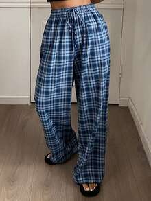 DAZY 格子宽松女士休闲舒适裤、家居服下装睡衣 - 藏蓝色 - 查看 4