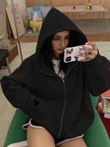 INAWLY Women's Solid Color Drop Shoulder Long Sleeve Zipper Front Casual Loose Sweatshirt, Autumn - Black - View 6