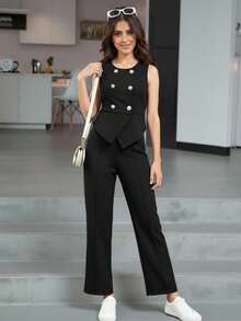 青少女休閒優雅簡約通勤上衣和長褲2件套裝 - 黑色 - 查看 3