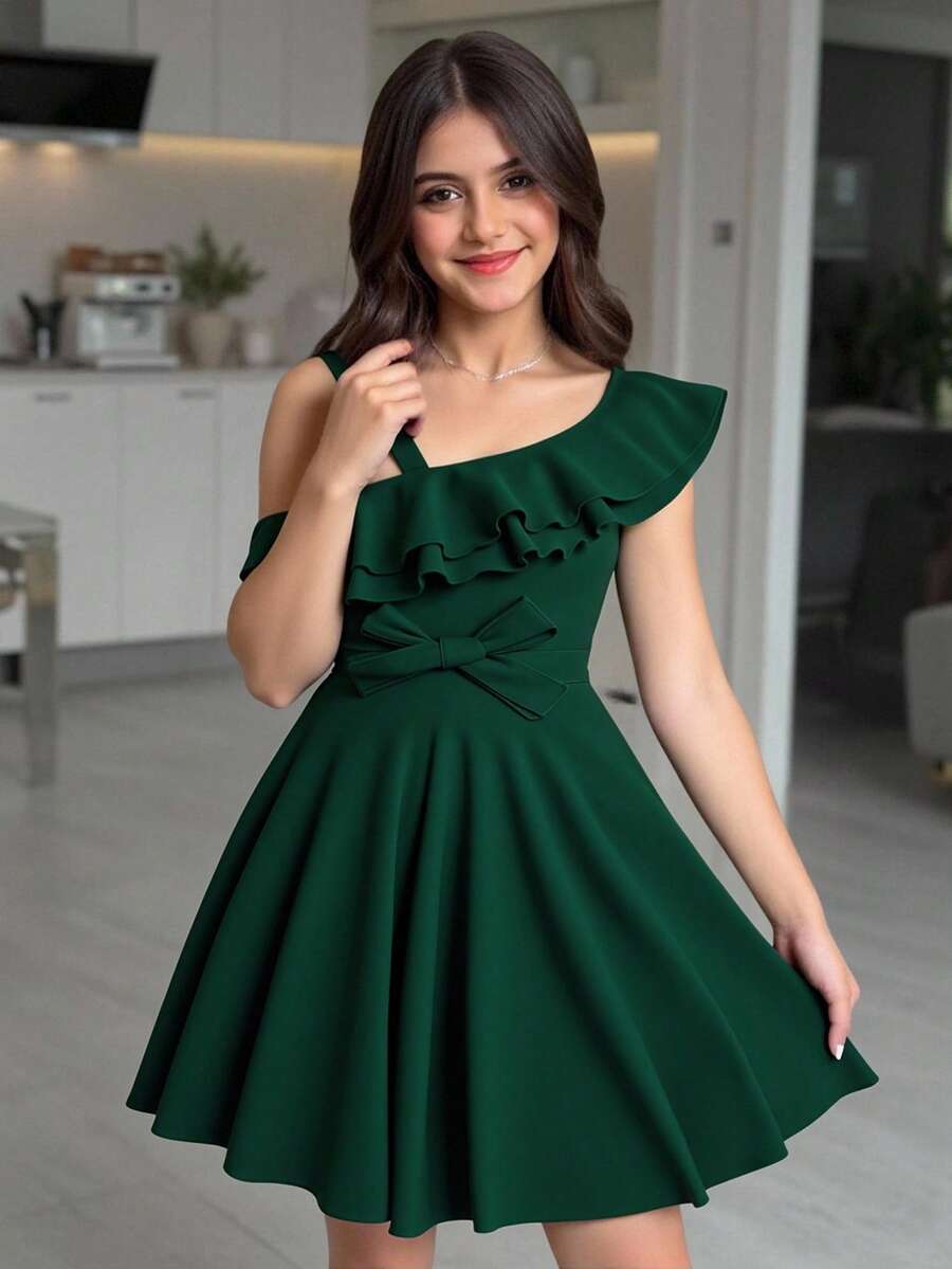 SHEIN Elegant Solid Color Asymmetrical Ruffle Hem Dress For Teen Girls,Holiday,Summer,Travel - Dark Green - View 1