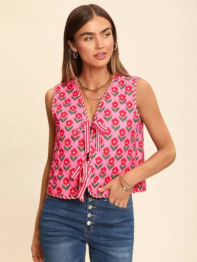 Coeurva Christmas Outfits, Warm Outfits,Autumn And Winter, Comfortable,Pink Retro Cute Floral Print,Vacation Printed Loose Front Tie-Up Warm Jacket Vest For Women