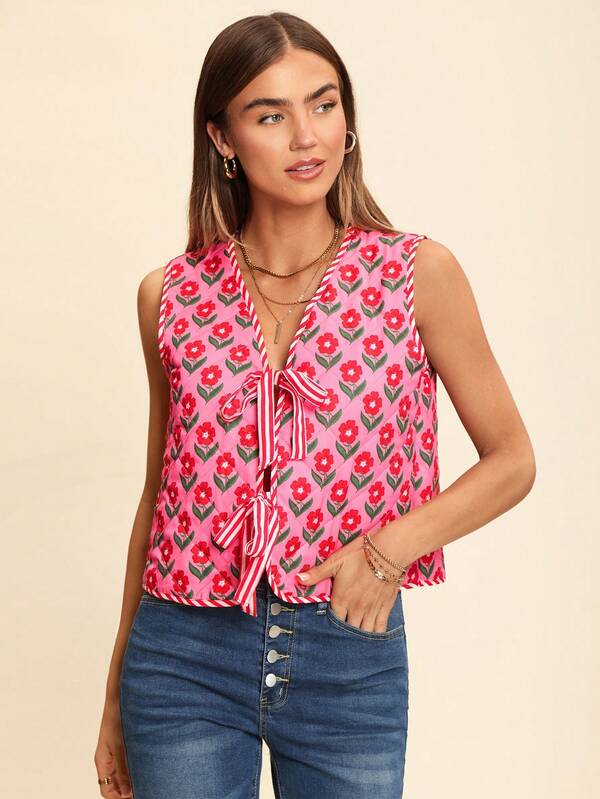 Coeurva Christmas Outfits, Warm Outfits,Autumn And Winter, Comfortable,Pink Retro Cute Floral Print,Vacation Printed Loose Front Tie-Up Warm Jacket Vest For Women