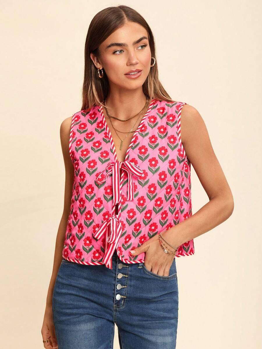 Coeurva Christmas Outfits, Warm Outfits,Autumn And Winter, Comfortable,Pink Retro Cute Floral Print,Vacation Printed Loose Front Tie-Up Jacket Vest For Women - Pink - View 1