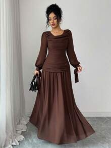 Elenzga 女士优雅雪纺连衣裙，荷叶边领，灯笼袖，系带腰部设计，适合鸡尾酒会、婚礼、毕业典礼、万圣节、圣诞节、沙特国庆节、新年等正式场合，棕色