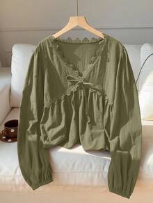 Comfortcana Áo cánh ren trơn đa năng thường ngày dành cho nữ - xanh quân đội - Xem 1