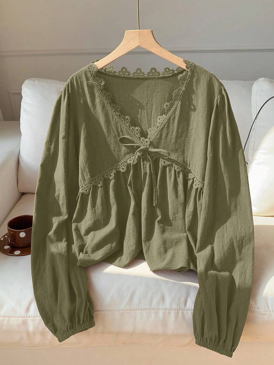 Comfortcana Áo cánh ren trơn đa năng thường ngày dành cho nữ - xanh quân đội - Xem 1