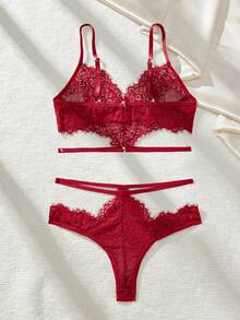 SHEIN 素色蕾絲鏤空內衣套裝 - 酒紅色 - 查看 2