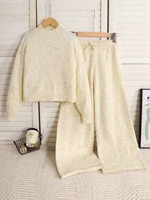 SHEIN Tween Girls Knitwear Set,White Autumn Modest Holiday Stand Collar Sweater & Wide Leg Pants 2pcs Set,Minimalist Casual Solid Longsleeve Winter Outfit - Apricot - View 3