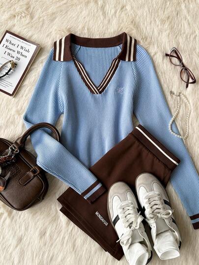 Muvela Damski sweter w kontrastowym kolorze z długim rękawem i dekoltem w serek, dopasowany, w stylu retro college, lekki i sportowy, na powrót do szkoły, na dzień nauczyciela, na jesień, uniwersalny, na co dzień, na podróż, na lotnisko