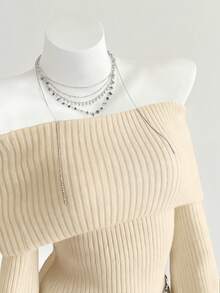 SHEIN Unity Suéter casual y versátil de unicolor con mangas farol y hombros descubiertos - Caqui - Ver 3