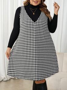 SHEIN CURVE+ Váy yếm kẻ caro đen trắng cỡ lớn dành cho nữ, phong cách đường phố cổ điển thường ngày, thu/đông - Đen và trắng - Xem 6