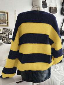 Lalippa Áo len dáng rộng cổ chữ V, vai trễ, họa tiết sọc cho nữ, mùa thu/đông - Nhiều màu - Xem 2