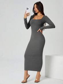 SHEIN PETITE 秋装纯色方领紧身黑色长袖连衣裙 - 深灰色 - 查看 3