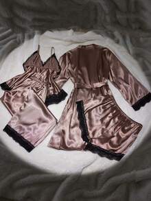 SilkySpell 4pcs/Set Women Sexy Satin Camisole Top, Pants, Elegant Robe, Shorts, Plus Size Pajama Set, Khaki, All Season, Outerwear Satin Sleepwear Set Satin Robe Set Satin Sleep Set Fall Winter Clothes - Brown - View 2
