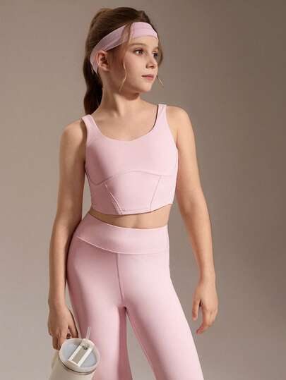 SHEIN Conjunto de Regata e Legging Ativa para Meninas Pré-Adolescentes, Conjunto de Moda Esportiva Casual para Estudantes Jovens, Conjunto de Roupas Esportivas com Elasticidade 4 Vias e Alta Elasticidade em Rosa, 2 Peças