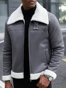 Manfinity Homme Manfinity 男士灰色外套，撞色毛领和袖口，拉链开合，休闲长袖夹克，保暖性强，适合秋冬季节穿着。领子可双向佩戴，是送给男友或老公的完美节日礼物。男士冬季灰色抓绒外套 - 灰色 - 查看 3