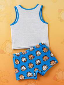 GARFIELD | SHEIN Áo ba lỗ in hình mèo hoạt hình dễ thương cho bé trai thoải mái và quần đùi, mùa hè - Màu xanh hải quân - Xem 3