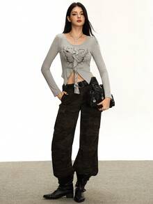 INAWLY Sweet & Spicy Style Round Neck Butterfly Print Ruffle Trim Long Sleeve Top - Grey - View 2
