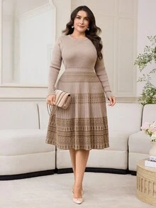 Modelyn 大码女式圆领长袖几何图案优雅针织连衣裙秋冬女装 - 卡其色 - 查看 4