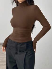 SHEIN EZwear Áo thun nữ cổ lọ tay dài dệt kim màu cà phê ôm vừa vặn - Cà phê nâu - Xem 8