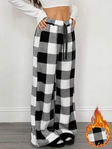 SHEIN PETITE Women's Tie-Waist Fluffy Plaid Print Casual Wide Leg Baggy Pants Black And White Plaid Lounge Pants,Fall Clothes For Women, Going Out Bottoms,Elegant,Civil Wedding,Wedding Guest , Party,Home, Leisure, Comfort Upgrade,Striped Design,Check ,Sporty, Multifunctional