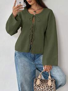 SHEIN EZwear 女士纯色打结长袖开衫，通勤，极简主义，办公室穿着，复古款，简单，女士系带前腰带纯色针织毛衣开衫，可穿在 T 恤外面，长袖上衣，秋冬季上学上衣 - 軍綠色 - 查看 6