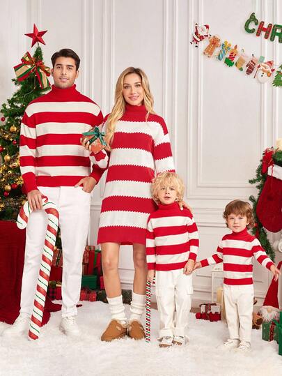 SHEIN LUNE Women's Casual Christmas Striped Turtleneck Dress Sweater Dresses For Women Red And White Outfit Knit Dress