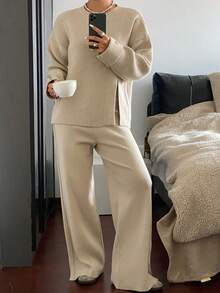 DAZY 2 件套女士纯色圆领开衩毛衣和阔腿裤针织套装，秋季服装 - 杏色 - 查看 8