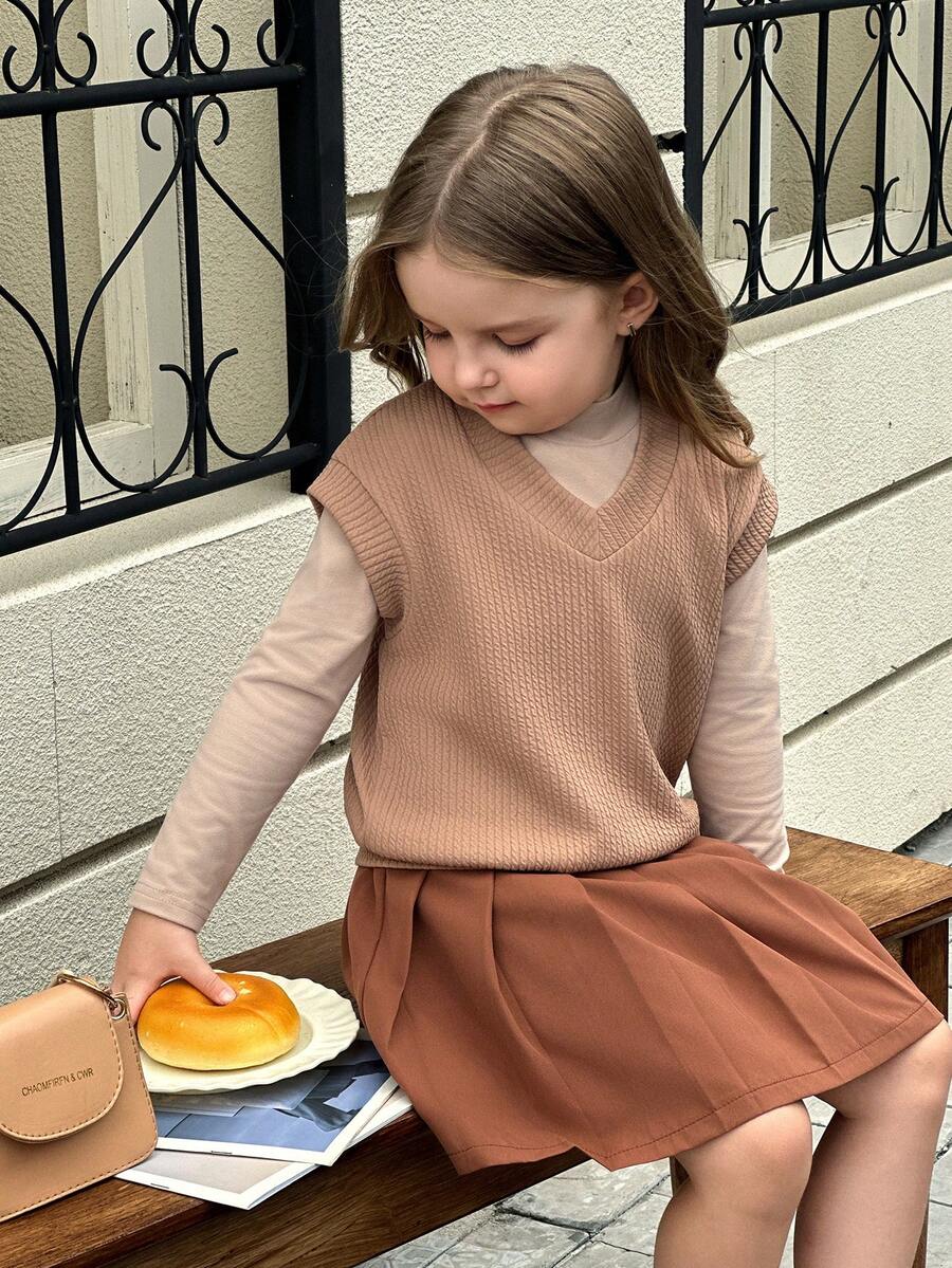 Young Girls Cute Khaki Sleeveless Vest Paired With Khaki Long Sleeve Comfortable Top, Pleated Skirt Autumn/Winter Fashion Set - Coffee Brown - View 1