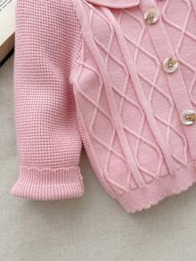 Blossori  Baby Girls' French Elegant Floral Jacquard Ruffle Collar Front Button Knit Cardigan, Baby Girl Pink Sweater, Cardigan For Baby Girl, Baby Girl Sweaters, Baby Girl Knitted Cardigan, Baby Set Autumn Winter Season,Cozy Fall & Winter Styles - Pink - View 3