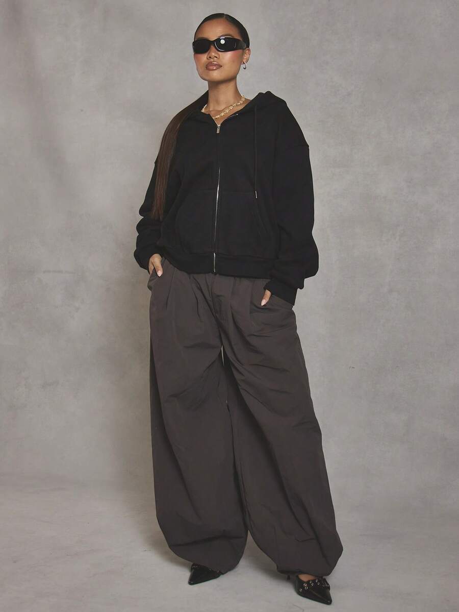 MUSERA 超大后背图案缝线细节连帽衫，酷女孩街头风日常款，1998年 - 黑色 - 查看 1