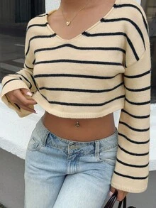 SHEIN Unity Fashionable Sexy V-Neck Versatile Striped Women Sweater - Multicolor - View 4