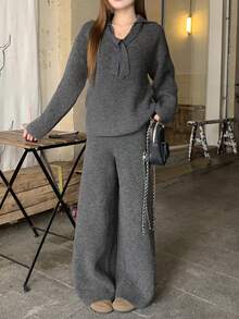 DAZY Women's Bowknot Knitted Top And Elongated Pants 2 Pieces Set, Autumn/Winter Lounge Sets For Women - Grey - View 1