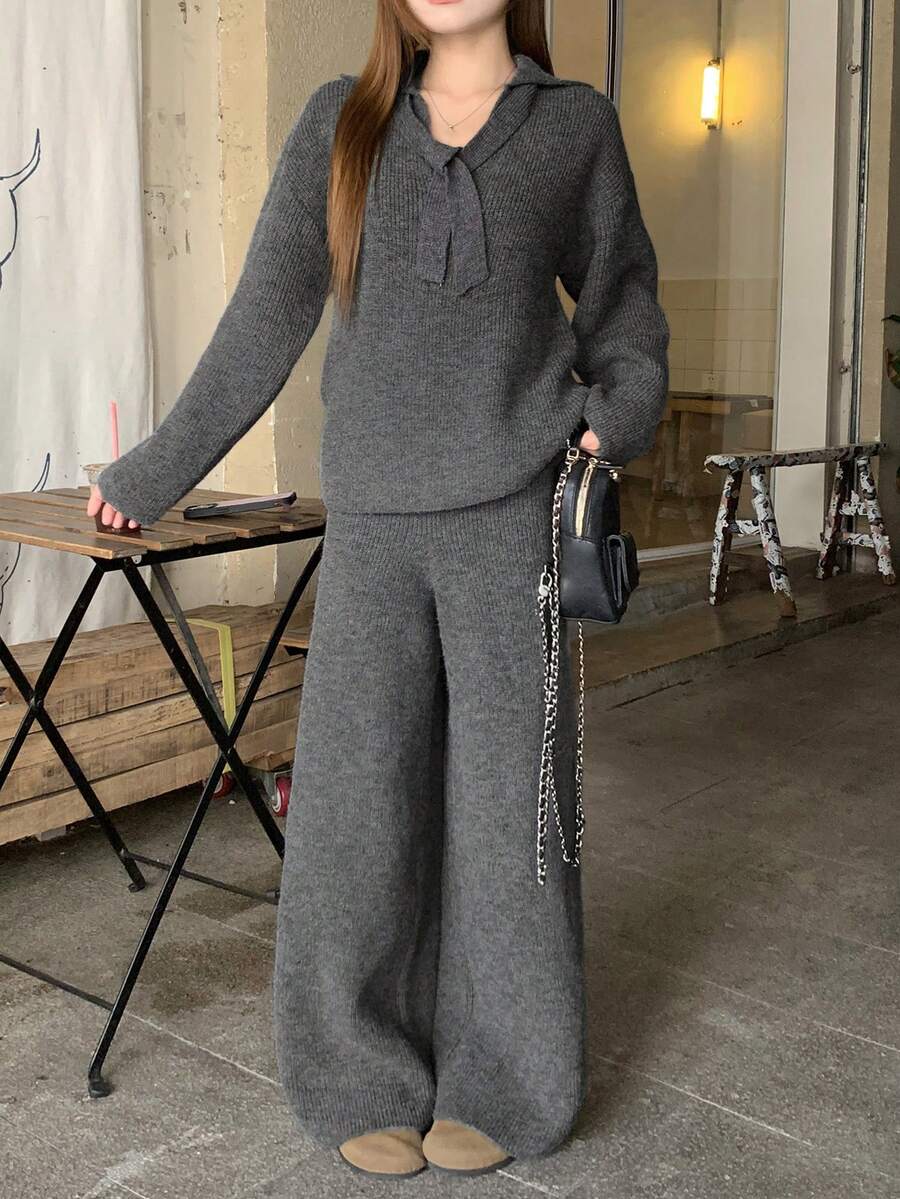 DAZY Women's Bowknot Knitted Top And Elongated Pants 2 Pieces Set, Autumn/Winter Lounge Sets For Women - Grey - View 1