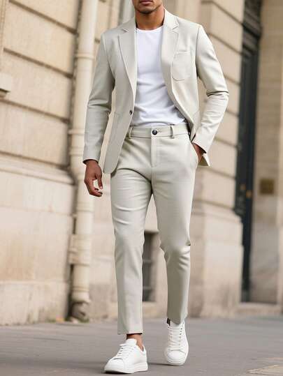 Manfinity Mode Men's Solid-Color Lapel Casual Suit Set,Linen Fabric,Men's Lightweight, Breathable And Cool Casual Suit Set For Spring And Summer,Slim Fit Men Casual Suit,Men Casual Suits Slim Fit,Men Elegant Outfit