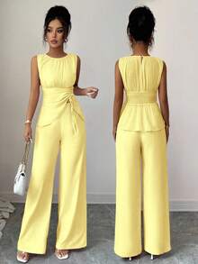 Elenzga Women's Chiffon Halter Asymmetrical Drawstring Hem Top + Wide Leg Pants 2 Pieces Set - Yellow - View 7