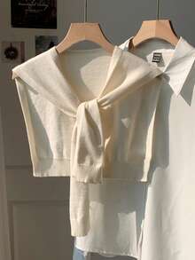 Comfortcana Women's Y2k White Casual Cute Solid Color Knitted Shawl, Autumn/Winter Old Money