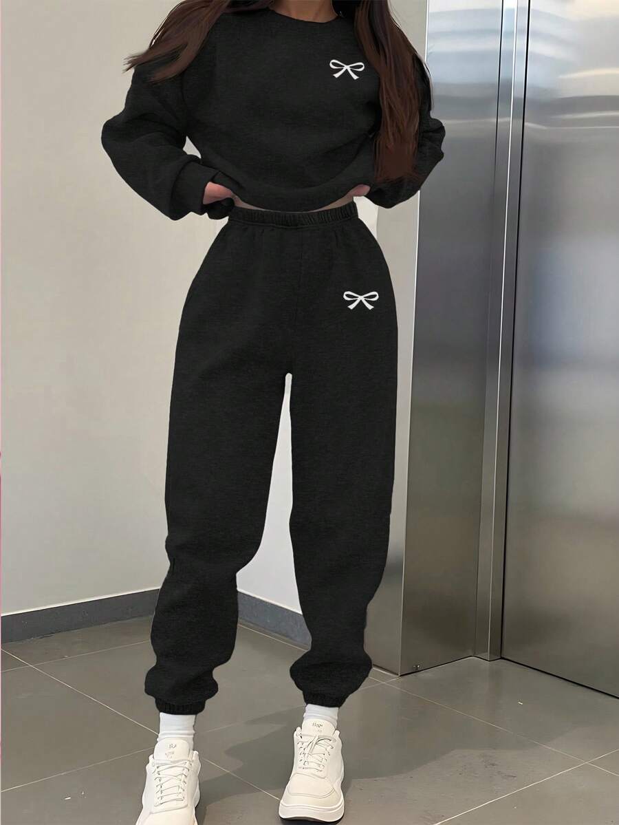 Teen Girl Letter Graphic Drop Shoulder Sweatshirt & Sweatpants - Black - View 1