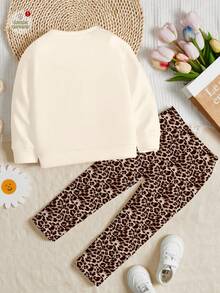 SHEIN Happikins 2pcs/Set Young Girl Vintage Leopard Print Bow Decor Sweatshirt And Leggings,Autumn School Back-To-School Outfit,Streetwear Fall/Winter Set - Multicolor - View 3
