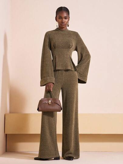 Zivah 20  Autumn And Winter New Style Casual Commuting Elegant Fit Brown Ribbed Loose Folded Long-Sleeved Waist Top + High Waist Wide-Leg Trousers Women Two Pieces Set, Suitable For Rave Outfits, Homecoming, Halloween, Christmas, Business Casual Woman, Teacher Outfits, Going Out, Date Outfits, Wedding Guest, Birthday Outfit, Brunch Outfits For Women-A