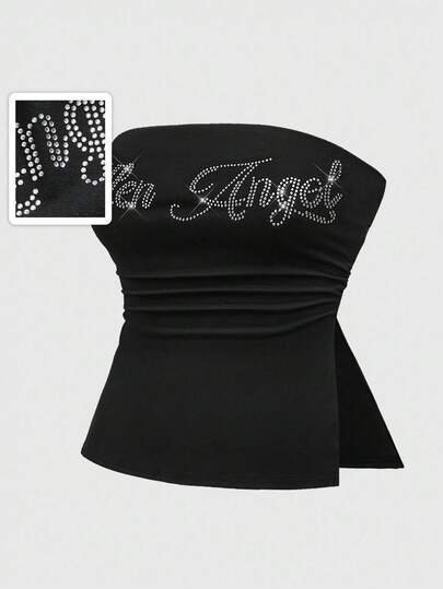Grunge Punk Y2K Subculture Plus Size Women Rhinestone Hem Slit Crop Top