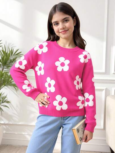 SHEIN 女大童花卉圖案落肩袖套頭毛衣